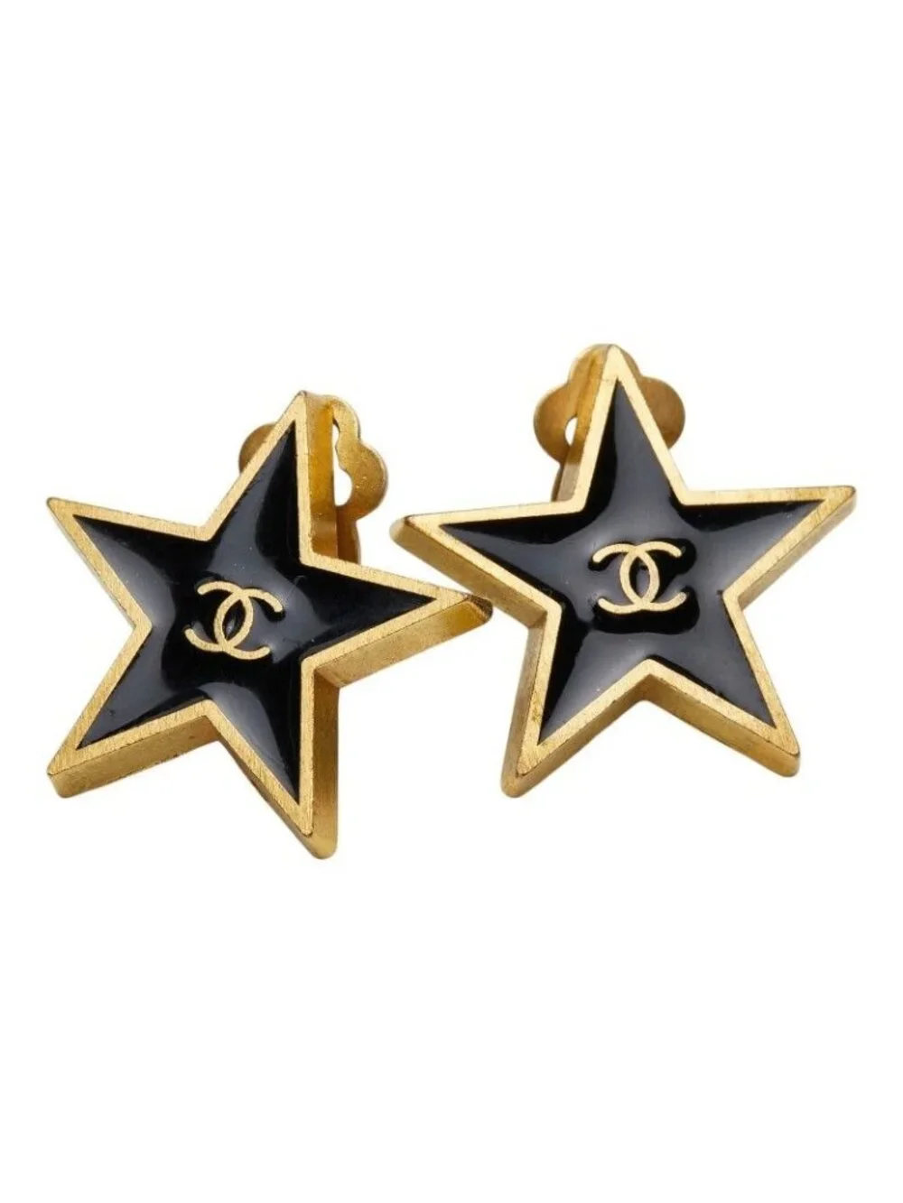 Chanel CC Logo Star Motif Earrings 01 Black Gold Plated